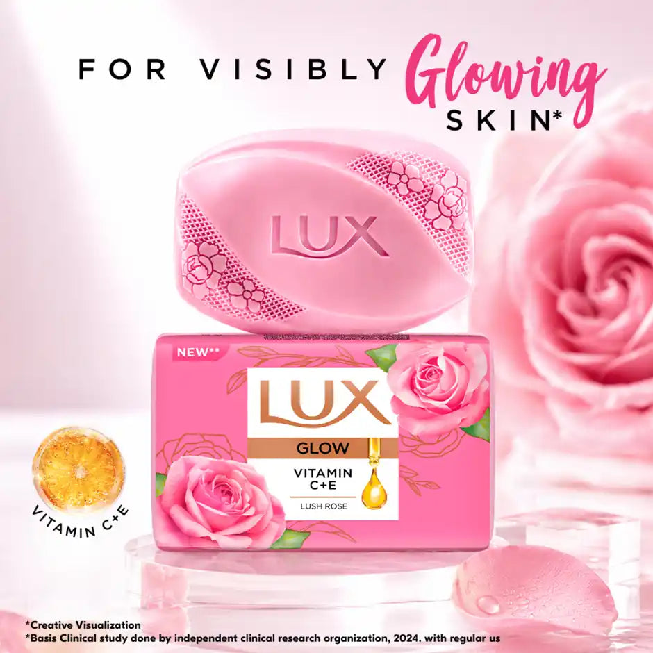 LUX Lush Rose Glowing Bathing Soap Bar with Vitamin C & E For Visibly Glowing Skin