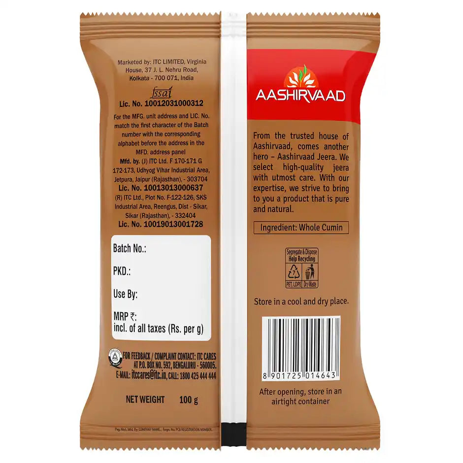 Aashirvaad Cumin/Jeera Seeds (Whole) 100g Pouch