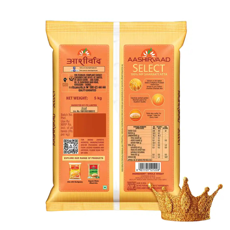 Aashirvaad Select | Pure MP Sharbati Wheat Atta for Soft Makhmali Rotis, 5kg