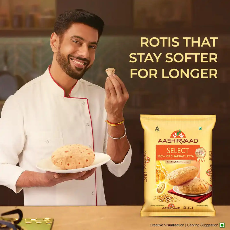 Aashirvaad Select | Pure MP Sharbati Wheat Atta for Soft Makhmali Rotis, 5kg