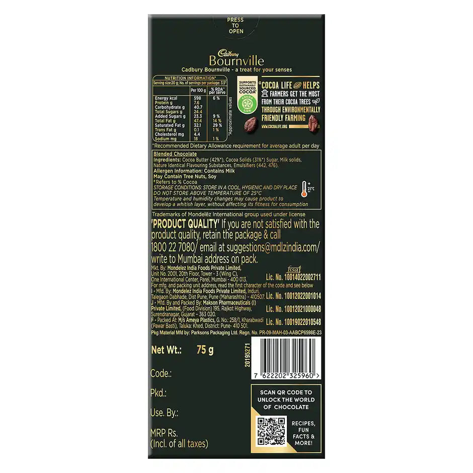Cadbury Bournville Rich Cocoa 70% Dark Chocolate Bar