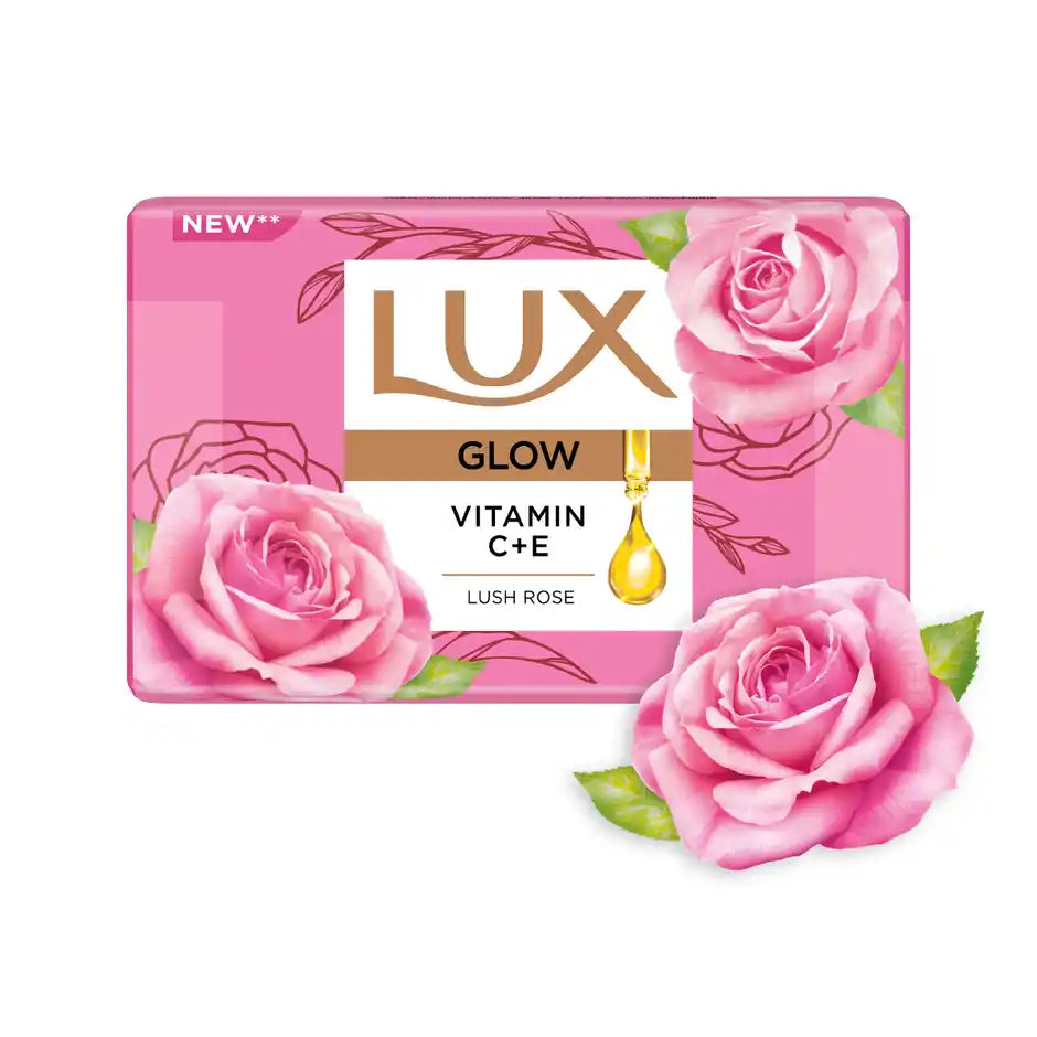 LUX Lush Rose Glowing Bathing Soap Bar with Vitamin C & E For Visibly Glowing Skin