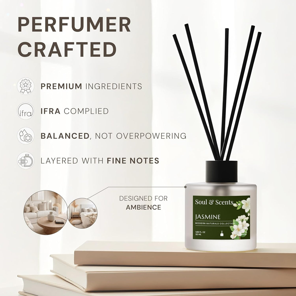 Soul & Scents Lavender and Jasmine Reed Diffuser Set - 100ml with Free 10 Rattan Reed Sticks