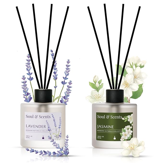 Soul & Scents Lavender and Jasmine Reed Diffuser Set - 100ml with Free 10 Rattan Reed Sticks