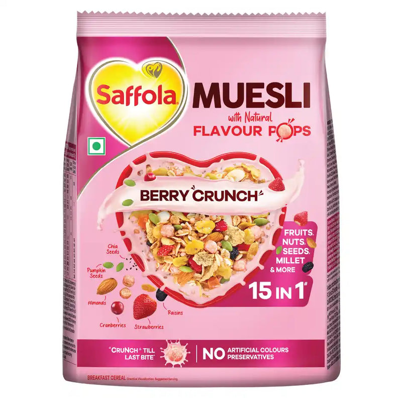 Saffola Muesli Berry Crunch with Flavour Pops | 15 in 1 Fruit and Nuts, Seeds | Millet & more