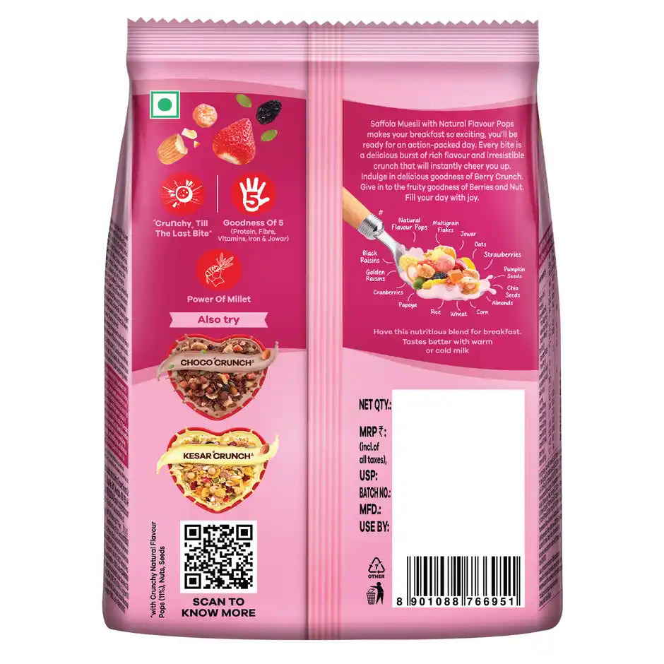 Saffola Muesli Berry Crunch with Flavour Pops | 15 in 1 Fruit and Nuts, Seeds | Millet & more
