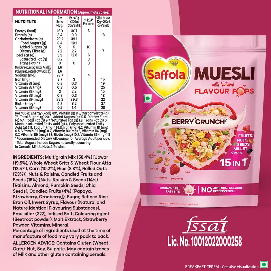 Saffola Muesli Berry Crunch with Flavour Pops | 15 in 1 Fruit and Nuts, Seeds | Millet & more