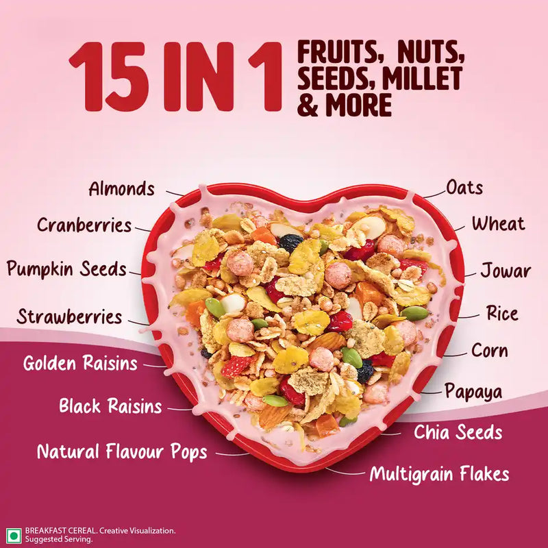 Saffola Muesli Berry Crunch with Flavour Pops | 15 in 1 Fruit and Nuts, Seeds | Millet & more
