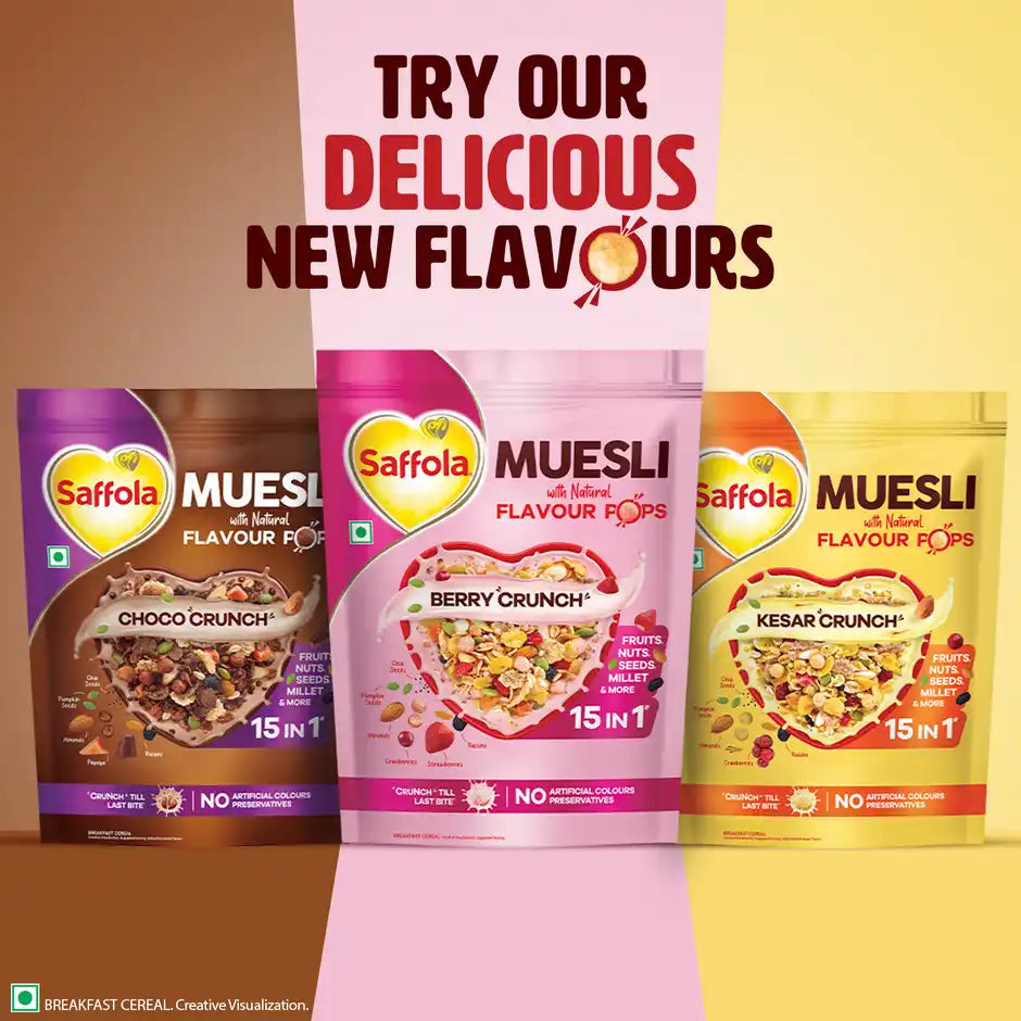 Saffola Muesli Berry Crunch with Flavour Pops | 15 in 1 Fruit and Nuts, Seeds | Millet & more