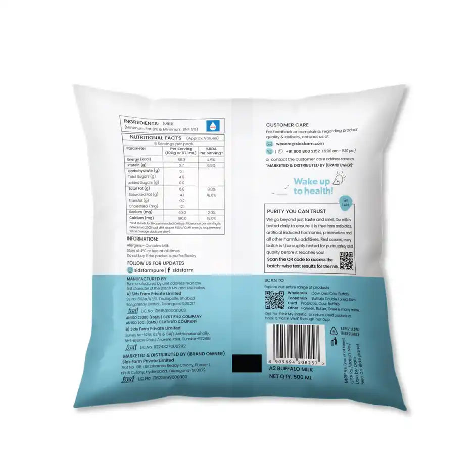 Sid's Farm Tested A2 Buffalo Milk (No Antibiotics . No Hormones . No Preservatives)