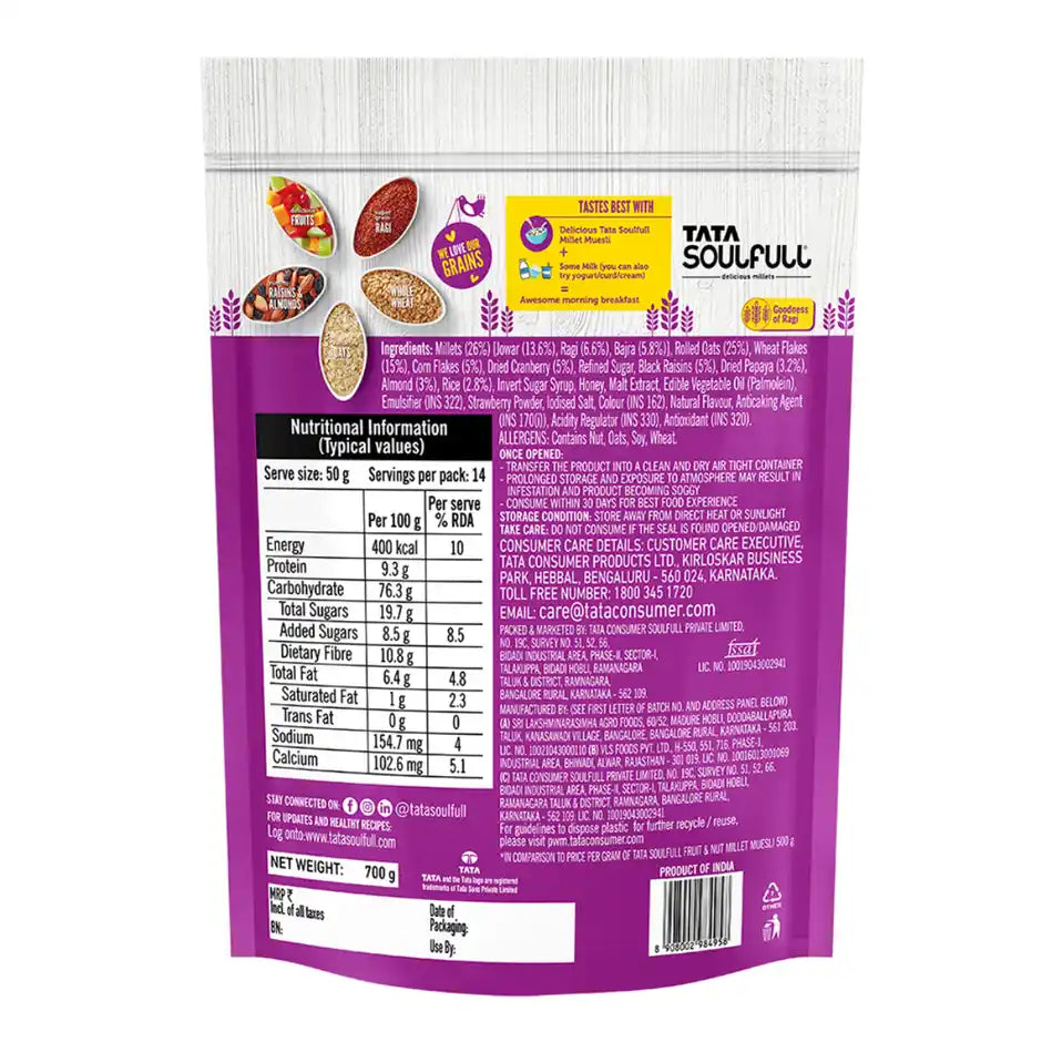 Tata Soulfull Millet Muesli with 90% Fruits, Nut & Wholegrains, Breakfast Cereal