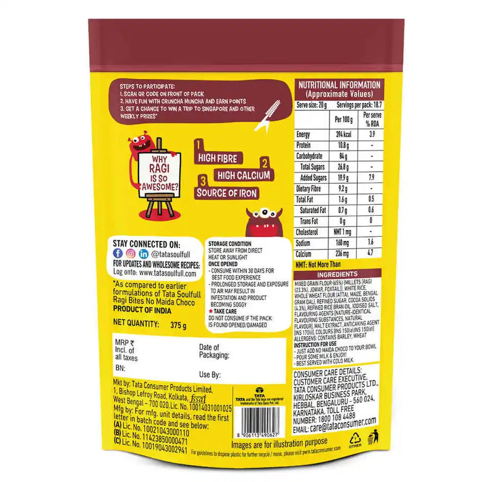 Tata Soulfull Ragi Bites No Maida Choco, Yummy Chocolatey, 7 Grains, Breakfast Cereals