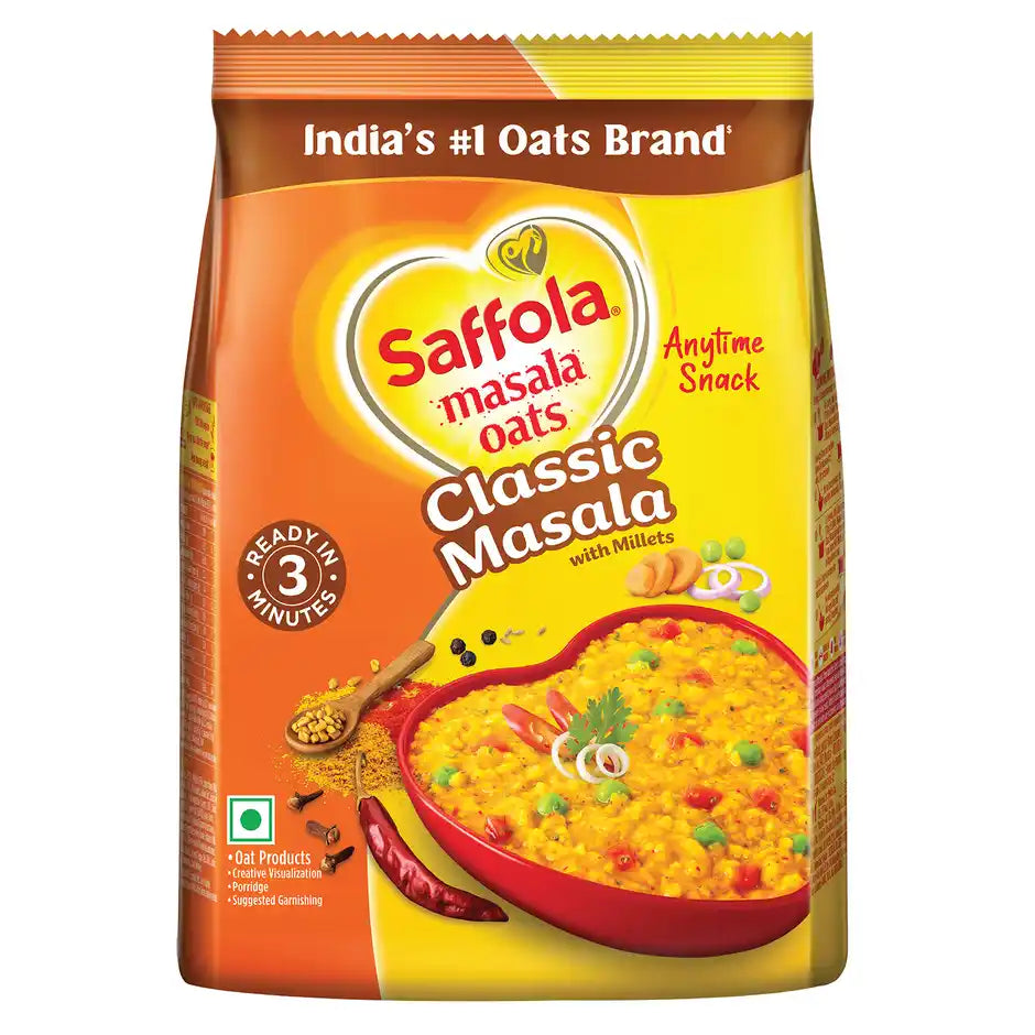 Saffola Masala Oats Classic Masala Anytime Snack Ready in 3 mins Millets Goodness 225g
