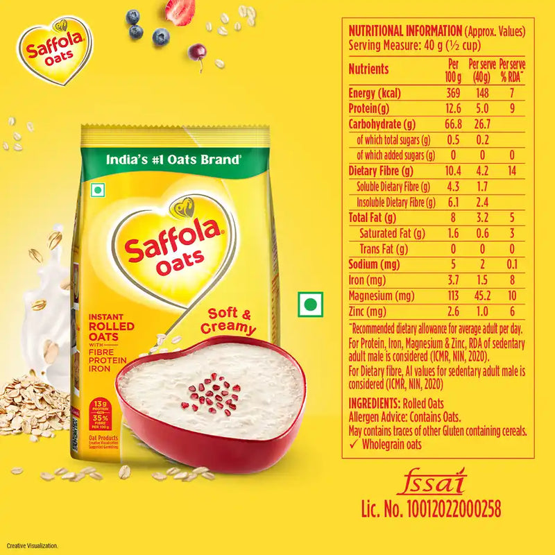 Saffola Oats, Instant Rolled Oats, Soft & Creamy Oats, Power of Protein, Iron & Fibre