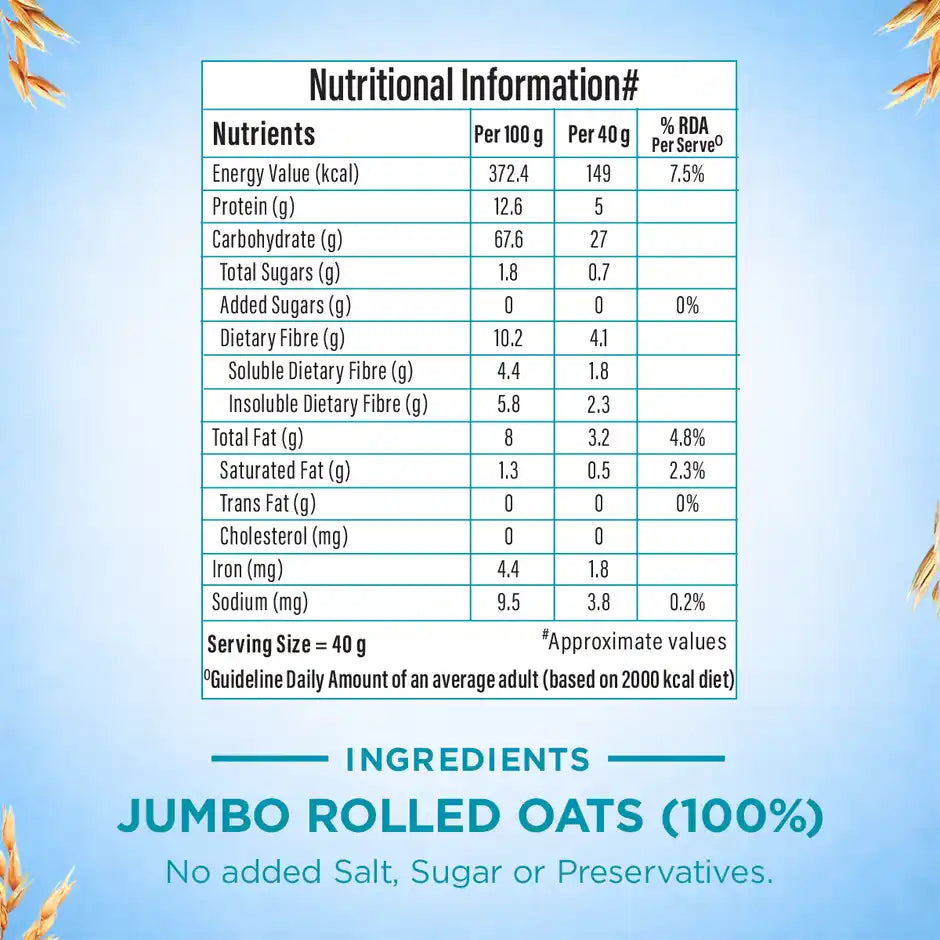 Bagrry's Rolled Oats Jar High Fibre Premium Rolled Oats Protein Rich Breakfast Cereal Wholegrain Breakfast