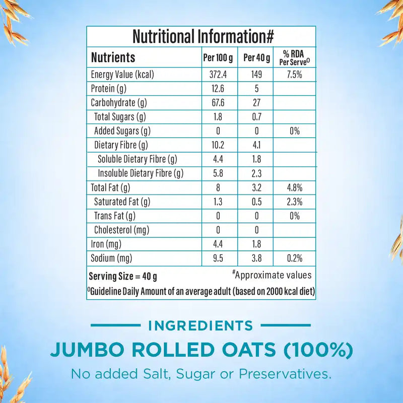 Bagrry's Rolled Oats Jar High Fibre Premium Rolled Oats Protein Rich Breakfast Cereal Wholegrain Breakfast